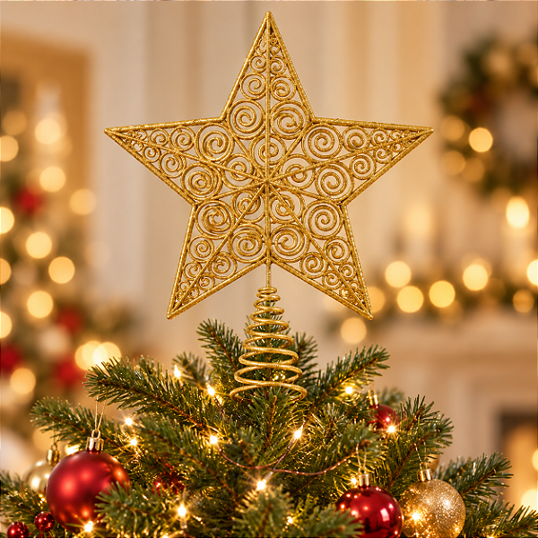 Estrela Ponteira de Natal Dourado 35 cm – Decoração para Árvore