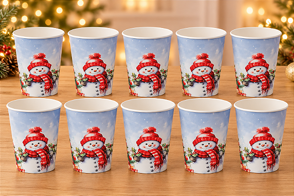 Copos Descartáveis de Papel Boneco de Neve e Árvore 270mL - 10 Unidades