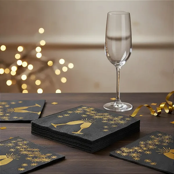 Guardanapo Folha Dupla Metalizado Dourado Boas Festas 32x32cm - 20 Unidades