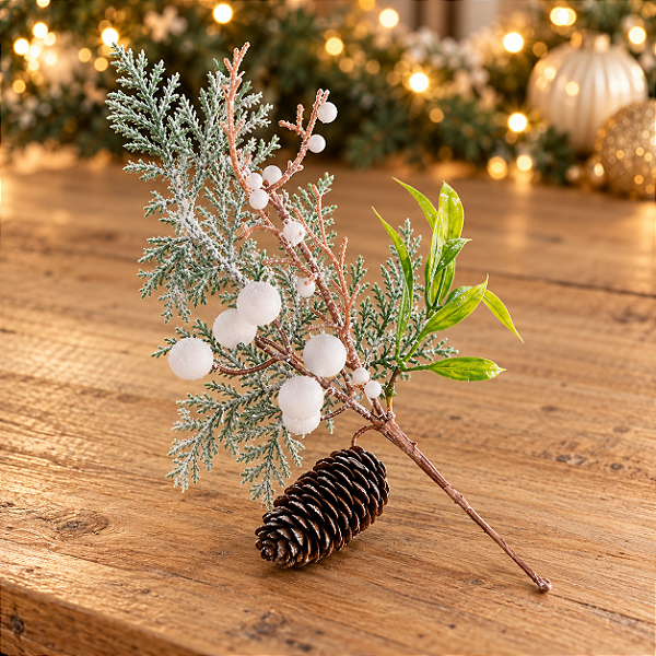 Galho Pick de Natal Com Pinha - 27cm com Cabo