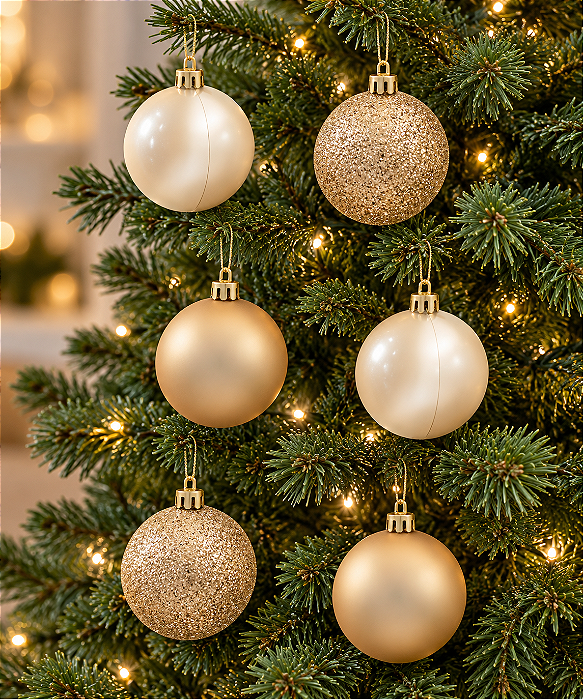 Bola De Natal Champagne Brilho/Fosco/Glitter Tubo 7cm - 6 Unidades