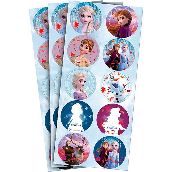 Adesivo Redondo Frozen - 3 Cartelas Com 10 Adesivos Cada (30 Unidades)