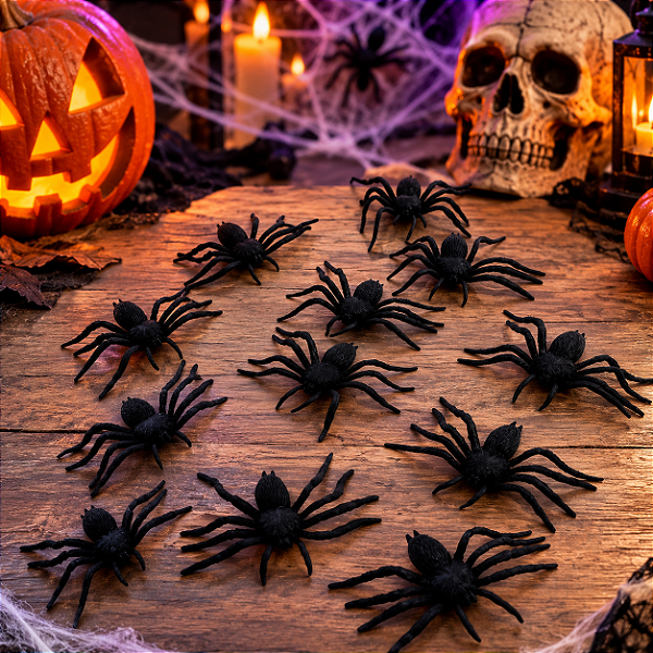 Mini Aranhas de Plástico – Decoração ou Lembrancinha Halloween – Pacote com 12 Unidades