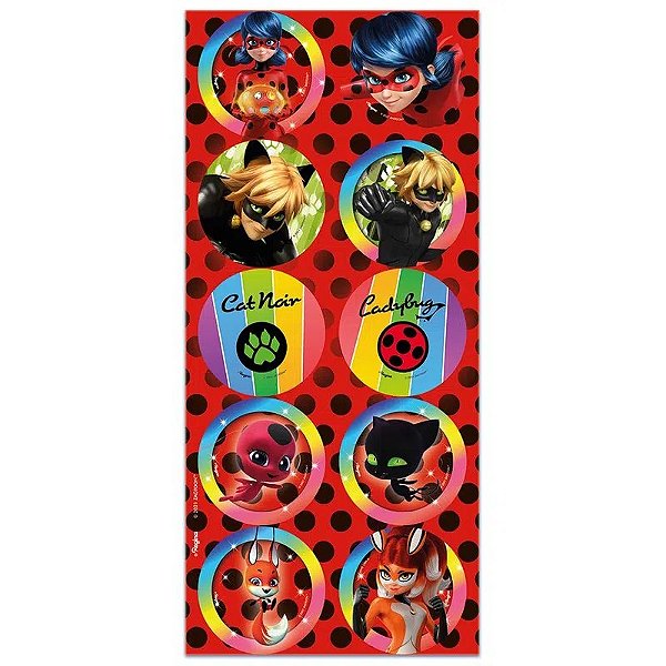 Adesivo Redondo Festa Miraculous Ladybug - 3 Cartelas Com 10 Adesivos Cada (30 Unidades)
