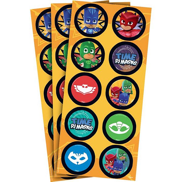 Adesivo Redondo Festa Pj Masks - 3 Cartelas Com 10 Adesivos Cada (30 Unidades)
