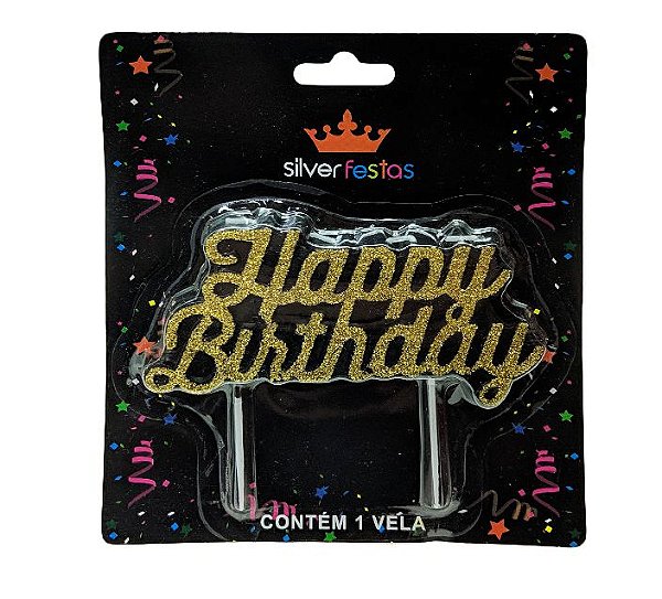 Vela Silver Happy Birthday Ouro
