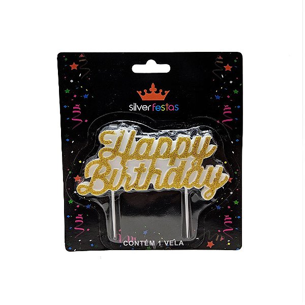 Vela Silver Happy Birthday Dourada