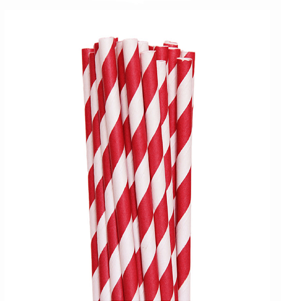 Canudo De Papel Biodegradável Vermelho Listrado - 6x200 mm - 12 Unidades