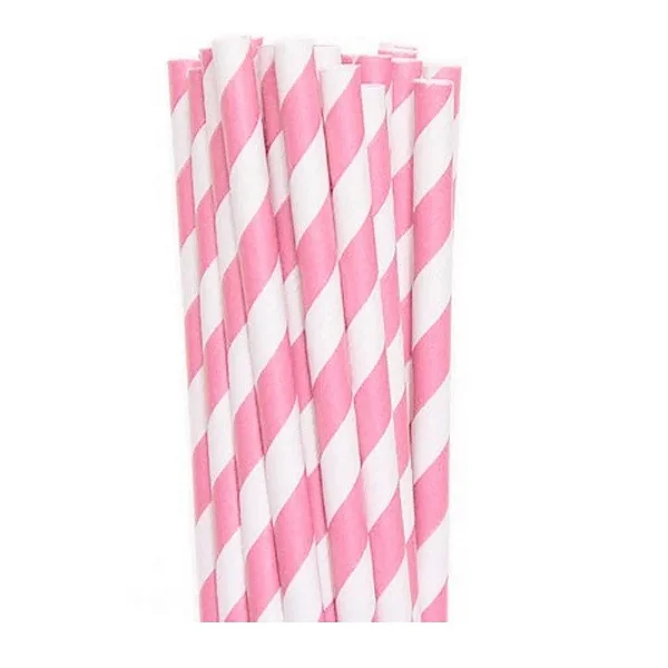 Canudo De Papel Biodegradável Rosa Listrado - 6x200 mm - 12 Unidades