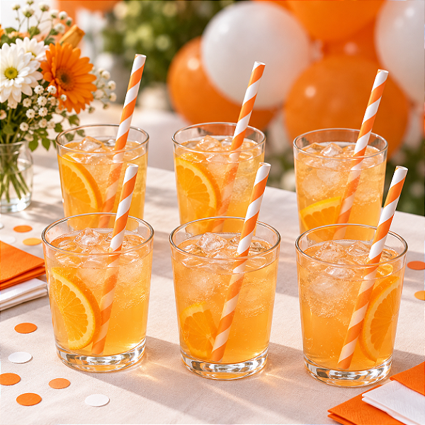 Canudo De Papel Biodegradável Laranja Listrado - 6x200 mm - 12 Unidades