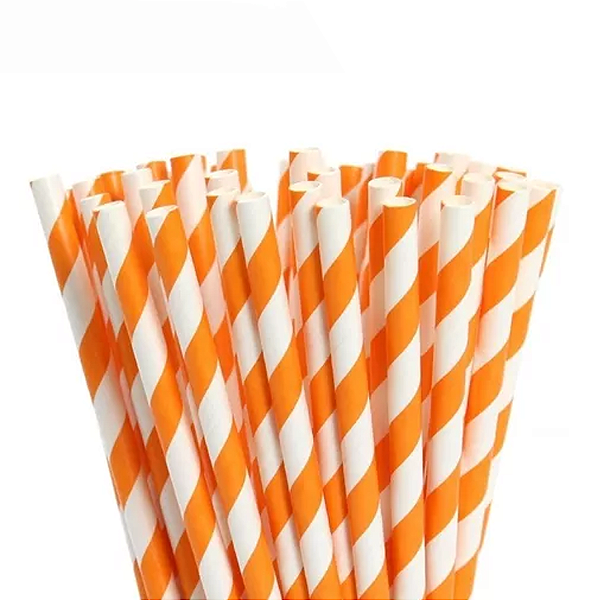 Canudo De Papel Biodegradável Laranja Listrado - 6x200 mm - 12 Unidades
