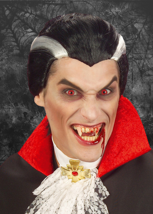 Peruca Drácula Vampiro Masculina com Mechas Brancas Halloween Fantasia