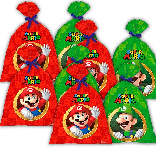 Sacola Plástica Festa Super Mario 27cm x 14cm - 8 Unidades
