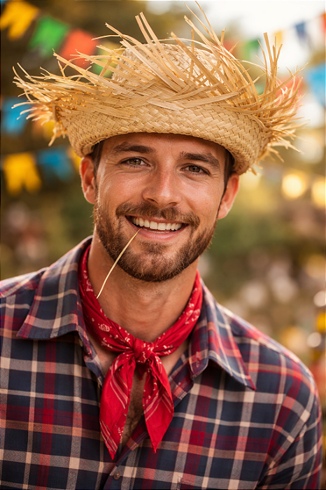 Chapéu Caipira de Palha Desfiado Grande – Festa Junina com Aba Ampla