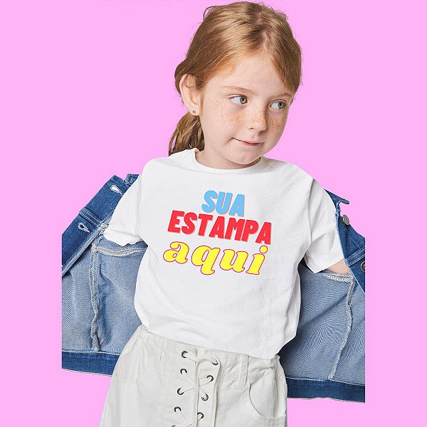 Camiseta Poliéster branca com Manga pink Infantil