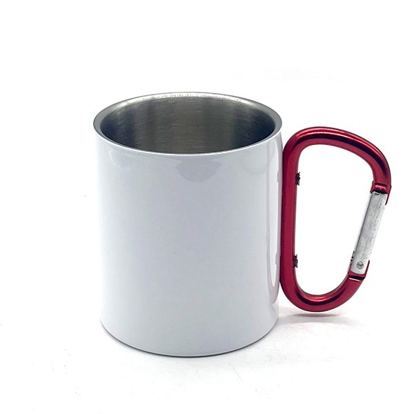 Caneca Branca  Aço Inox Alça vermelha Mosquetão 220ml