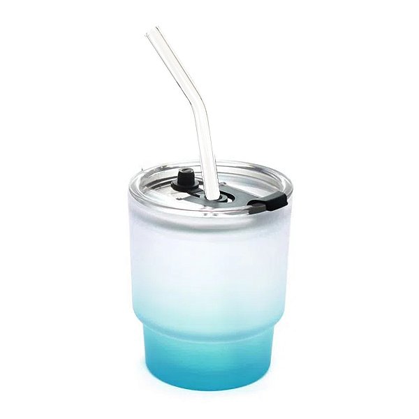 Copo Vidro Fosco C/ Tampa Acrilico e Canudo Degrade Tifany - 400 ml