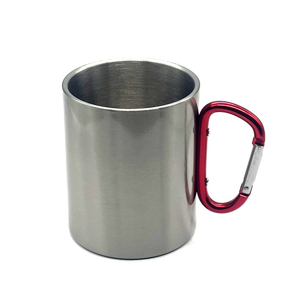 Caneca Prata Aço Inox Alça vermelha Mosquetão 450ml