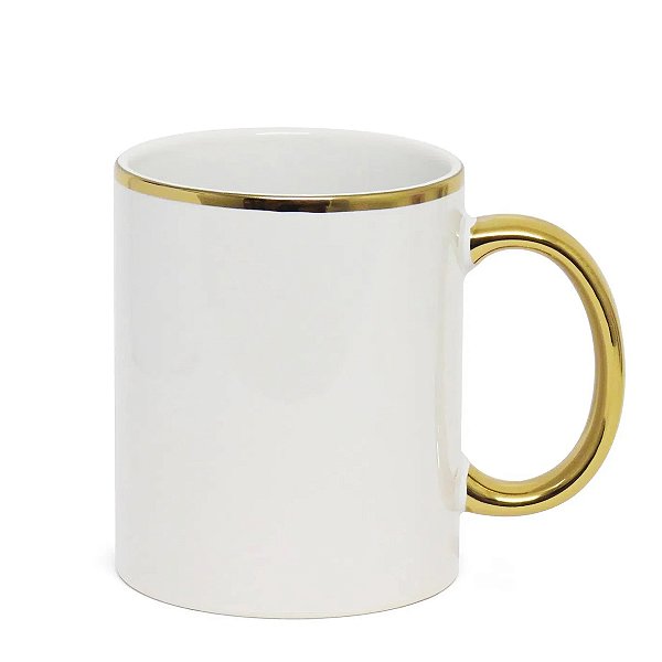 Caneca Branca Alça e Borda Ouro - 325ml