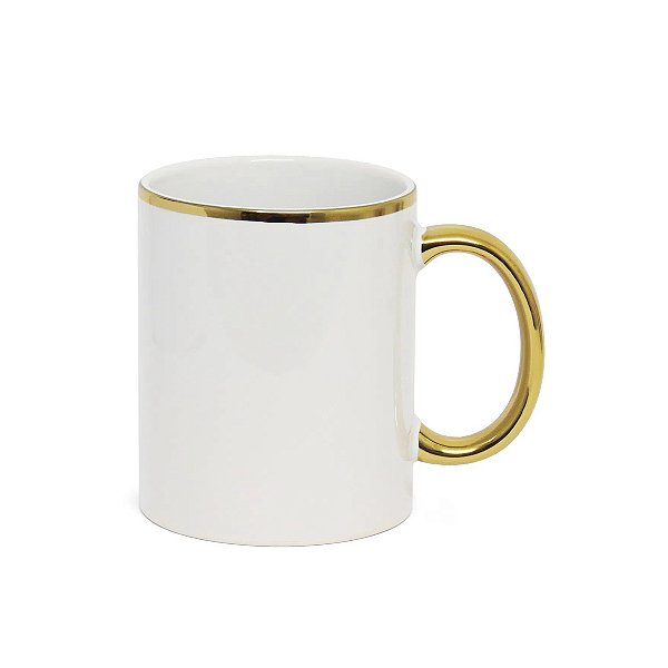 Caneca Branca Alça e Borda Ouro - 325ml