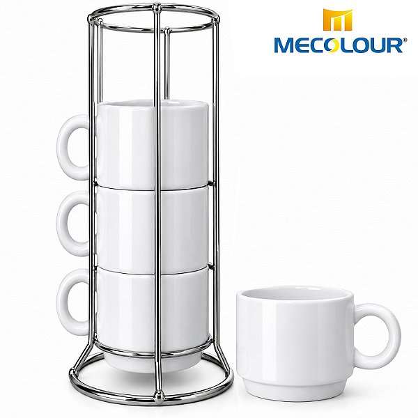 Kit 4 Xícaras Cerâmica c/ Suporte Metal MECOLOUR