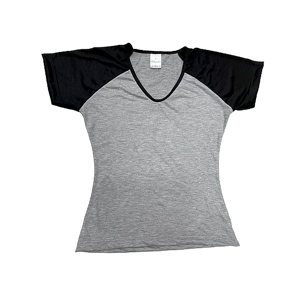 Baby Look Raglan Cinza com Manga Preta