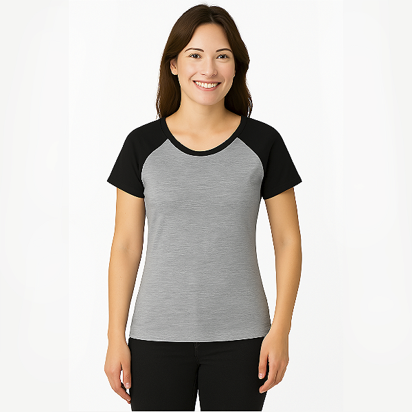 Baby Look Raglan Cinza com Manga Preta