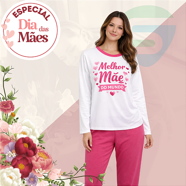 Pijama Longo Feminino Branco/Rosa