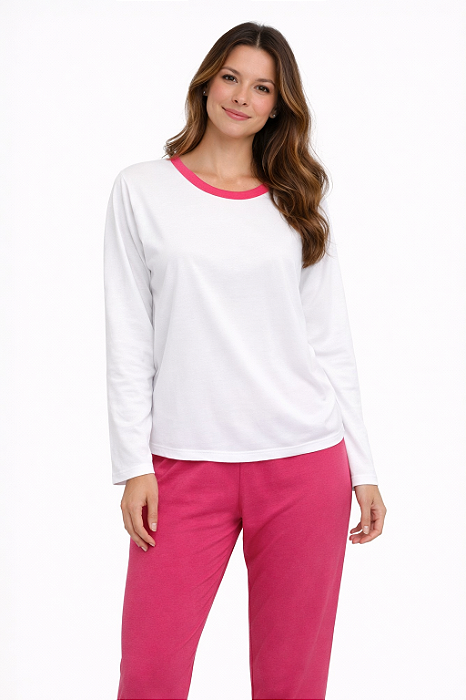 Pijama Longo Feminino Branco/Rosa