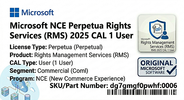 Licença Microsoft NCE Perpetua Rights Management Services (RMS) 2025 CAL 1 User Coml dg7gmgf0pwhf-0006
