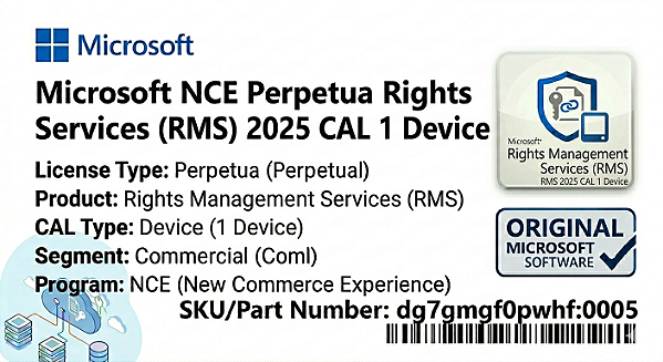 Licença Microsoft NCE Perpetua Rights Management Services (RMS) 2025 CAL 1 Device Coml dg7gmgf0pwhf-0005