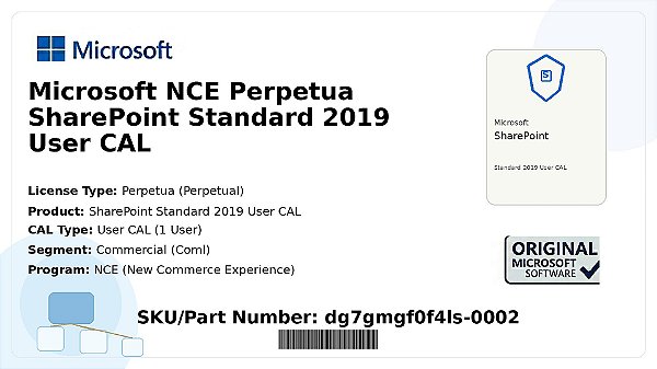 Licença Microsoft NCE Perpetua SharePoint Standard 2019 User CAL Coml dg7gmgf0f4ls-0002