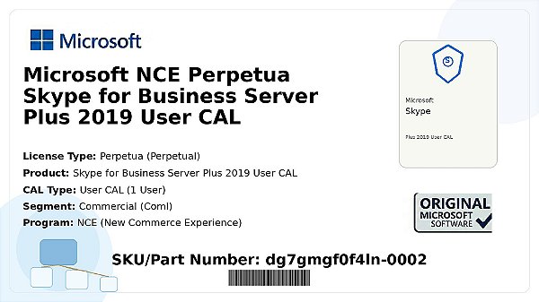 Licença Microsoft NCE Perpetua Skype for Business Server Plus 2019 User CAL Coml dg7gmgf0f4ln-0002