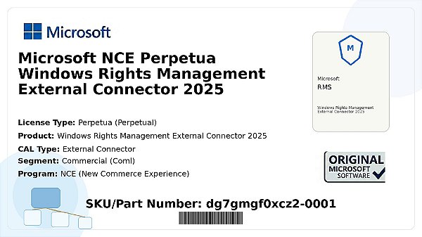 Licença Microsoft NCE Perpetua Windows Rights Management External Connector 2025 Coml dg7gmgf0xcz2-0001