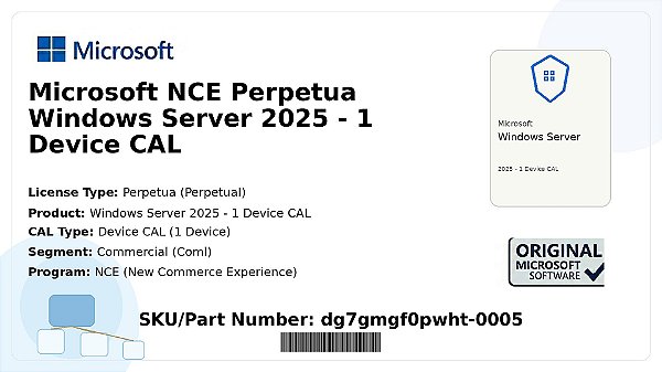 Licença Microsoft NCE Perpetua Windows Server 2025 1 Device CAL Coml dg7gmgf0pwht-0005