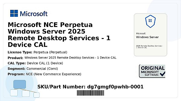 Licença Microsoft NCE Perpetua Windows Server 2025 Remote Desktop Services 1 Device CAL Coml dg7gmgf0pwhb-0001