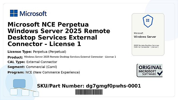 Licença Microsoft NCE Perpetua Windows Server 2025 Remote Desktop Services External Connector Lic 1 Coml dg7gmgf0pwhs-0001