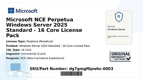 Licença Microsoft NCE Perpetua Windows Server 2025 Standard 16 Core License Pack Coml dg7gmgf0pwhc-0003