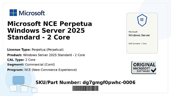 Licença Microsoft NCE Perpetua Windows Server 2025 Standard 2 Core Coml dg7gmgf0pwhc-0006