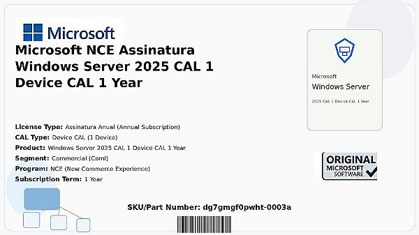 Licença Microsoft NCE Assinatura Windows Server 2025 CAL 1 Device CAL 1 Ano Coml dg7gmgf0pwht-0003a