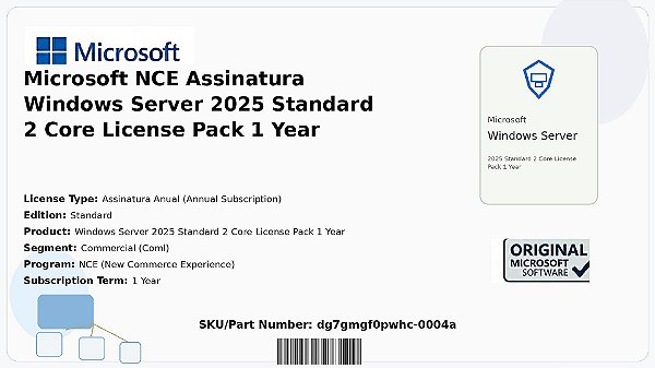 Licença Microsoft NCE Assinatura Windows Server 2025 Standard 2 Core Lic Pack 1 Ano Coml dg7gmgf0pwhc-0004a