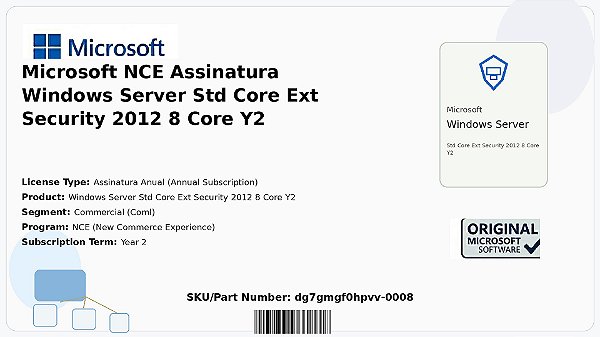 Licença Microsoft NCE Assinatura Windows Server Std Core Ext Security 2012 8 Core Y2 Coml dg7gmgf0hpvv-0008