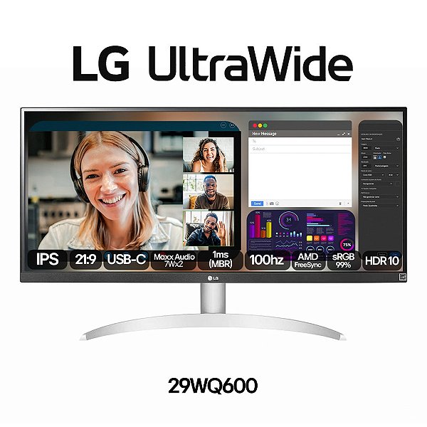 Monitor LG 29" UltraWide 100Hz 1ms FHD Branco - 29wq600b-w-awzm