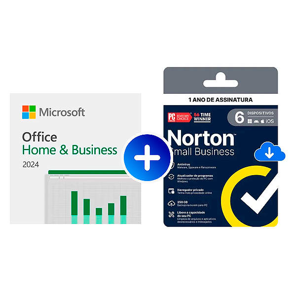 Microsoft Office Home and Business 2024 ESD + Norton Small Business Attach 12 meses 1 usuário 6 dispositivos - ep2-06608b