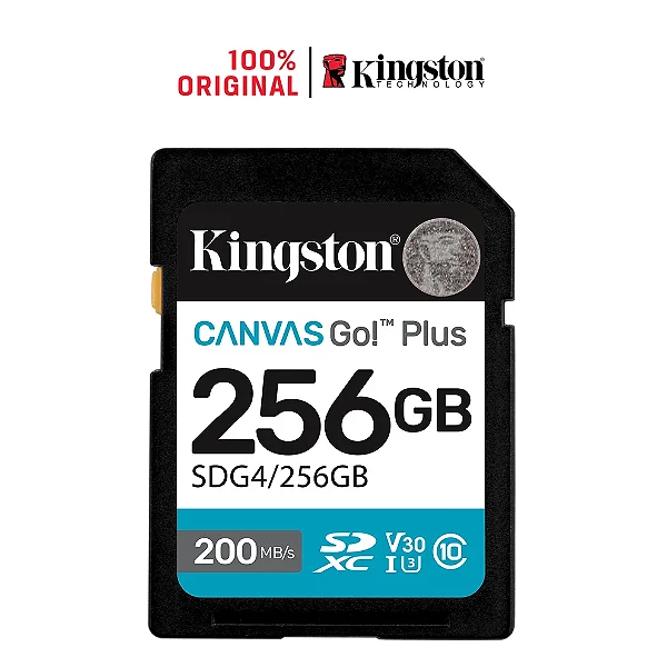 Cartao de Memoria Kingston Sd 256GB Canvas Go Plus Classe 10 Leitura 200MB/S Gravação 160MB/S - sdg4-256gb