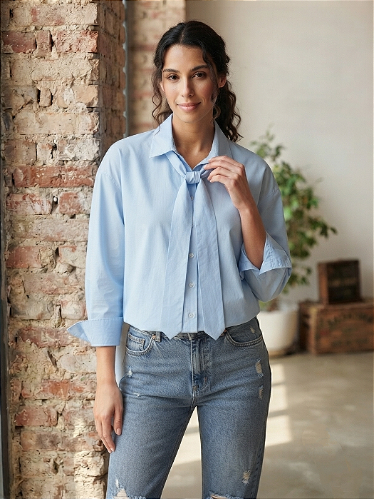 Camisa Feminina Azul com Gravata