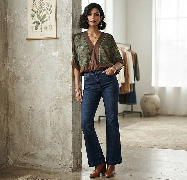 Blusa Estilo Bata com Decote em V