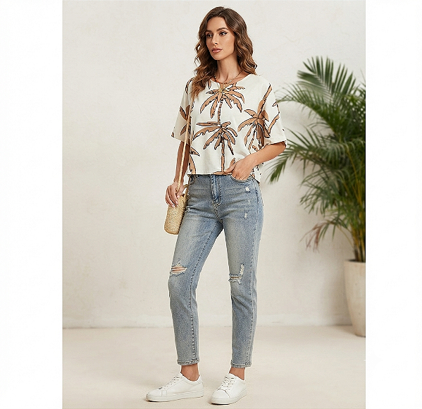 Blusa Estilo Casual Col Estampa Tropical