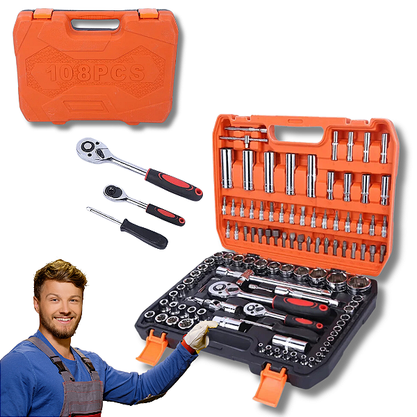 Kit Jogo Ferramenta Chave Catraca 108pçs Soquete Canhão Crv