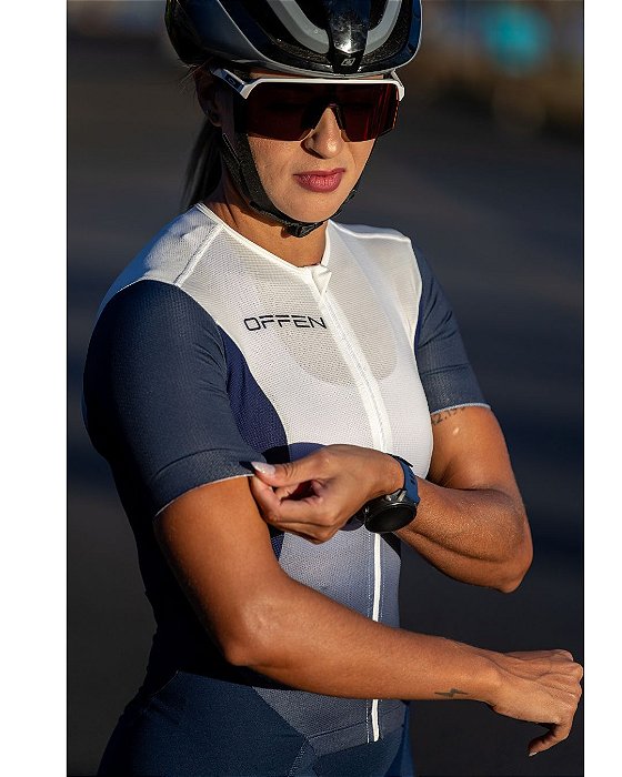 Macaquinho Feminino Triathlon Com Manga Blue e White